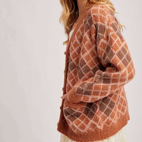 Bluivy Argyle Button Down Cardigan Caramel - Picture 4 of 4